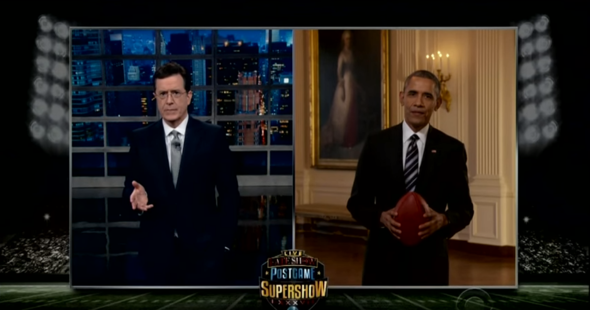 President Obama and Colbert With a Few Post-Superbowl Jokes