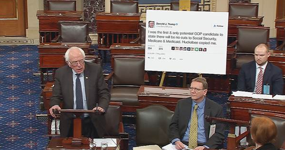 Bernie Displays Huge Pic of Trump Tweet Promising To Protect Social Security, Medicare & Medicaid – Majority Report