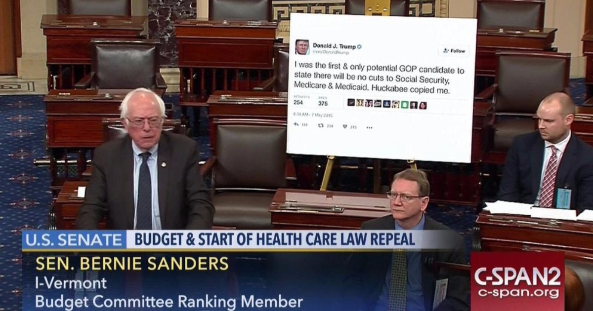 Sanders Uses Comically Massive Image of Trump Tweet on Senate Floor to Make Point About Healthcare