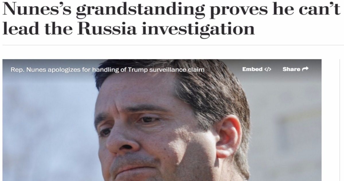 CIA Mouthpiece Washington Post Calls for Investigation in Nunes Leaks